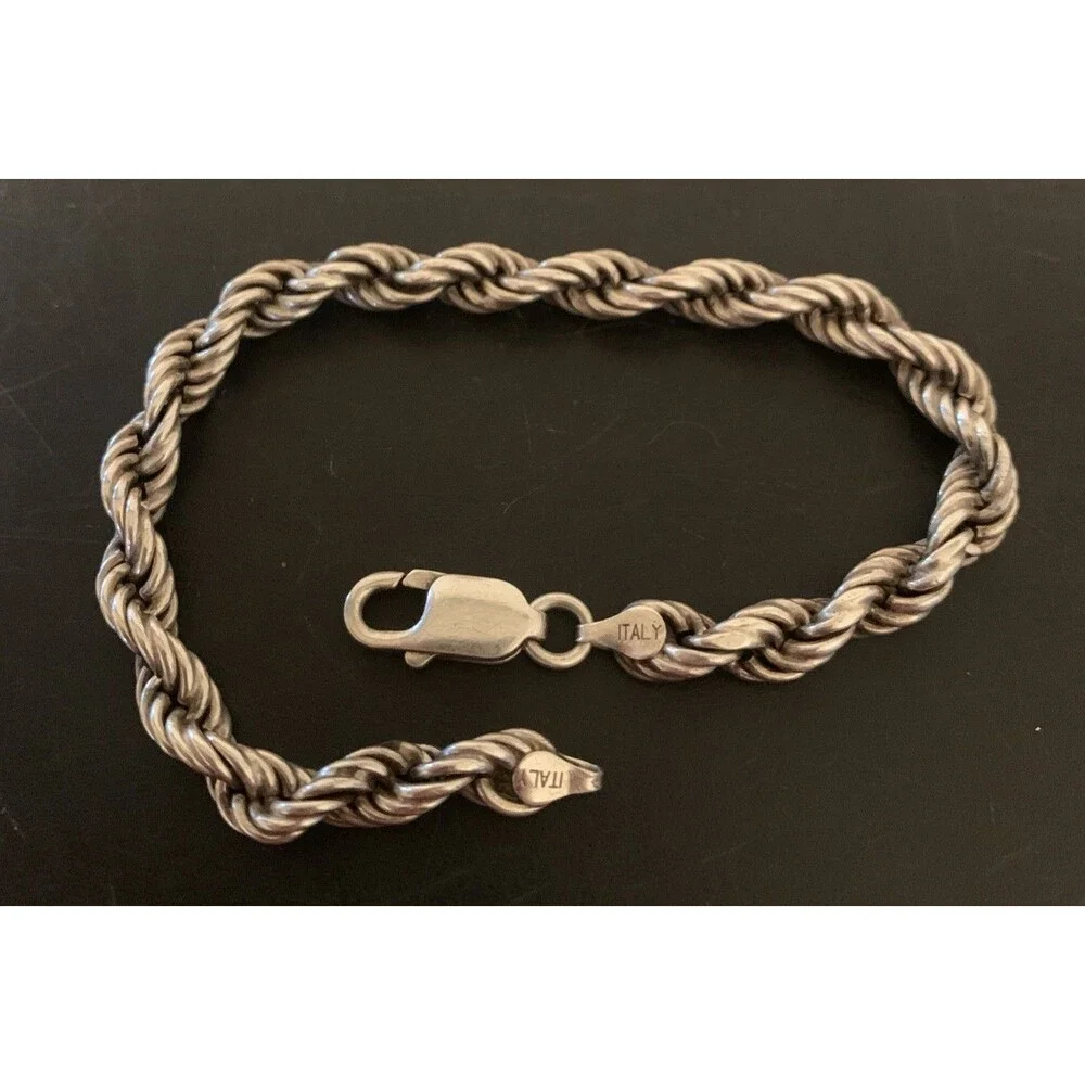 Vintage Sterling Silver Oxidized 8mm Twisted Rope Chain Bracelet 8” Unisex